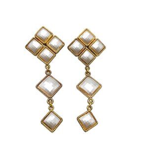 Vintage 1980s Gold Tone Faux Pearl Geometric Clip-On Dangle Earrings